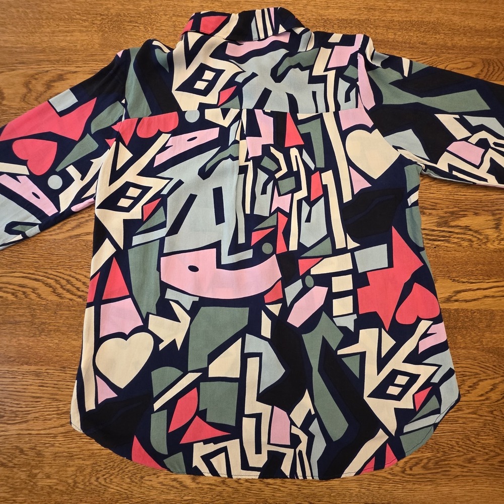 Retro 80s Sz 8 Abstract Blouse Womens Pink Green Funky Pop Art Button Down Comic - Picture 9 of 10